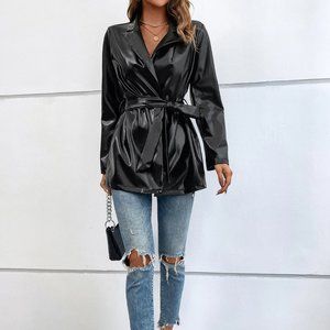 Brand new Lapel Neck Belted PU Coat Black XS